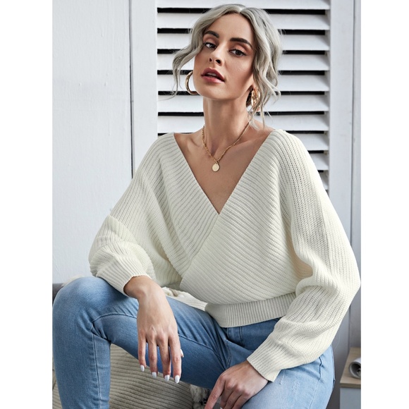 White Rib Knit Wrap Pullover Sweater Backless - Picture 3 of 8